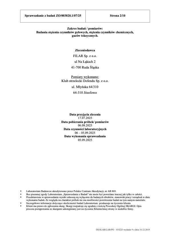 Chemical tests of dust concentration, chemical agents, and toxic gases report (Polish)